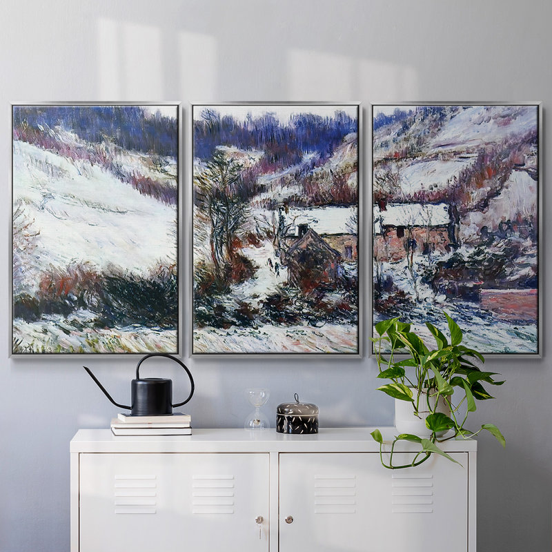 «Snow Effect at Falaise», 1886 - Toile encadrée à pièces multiples, Argent, H 40 po x l 78 po x P 2 po