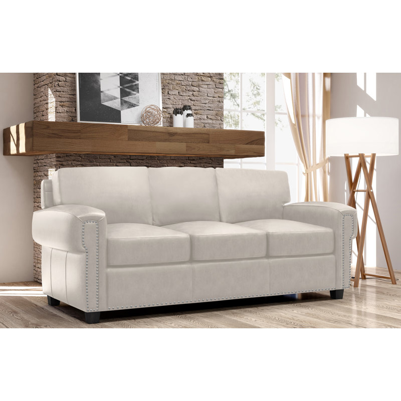 Fardin 87" Genuine Leather Queen Sleeper Sofa, White Genuine Leather