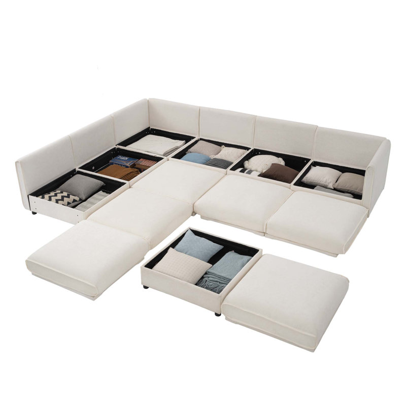 Modern 7-Piece Modular Sofa With Storage & 1 Storage Ottoman, White Chenille