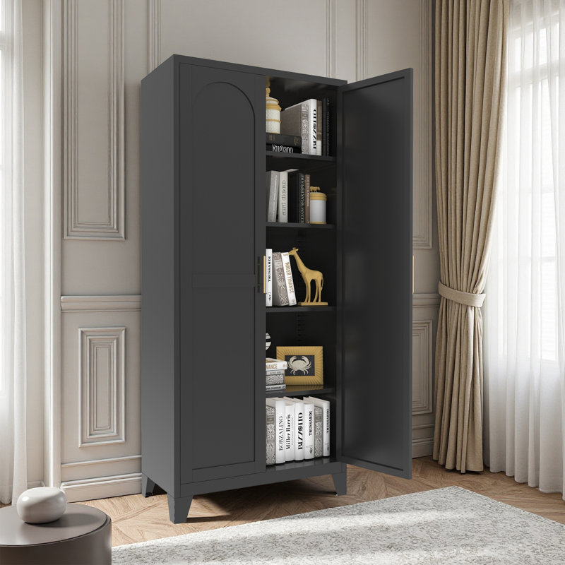Armoire de rangement 71 po à 2 portes galbées, armoire de rangement en métal avec portes et tablettes réglables, pour chambre à coucher, salon, cuisine