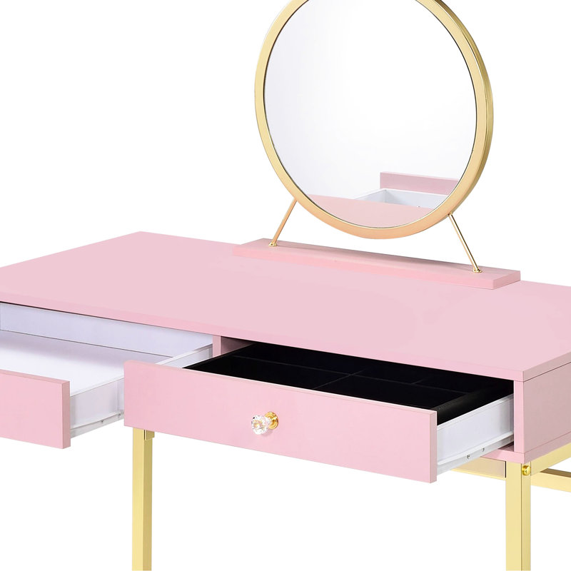 Bureau de coiffeuse rose et doré avec miroir et plateau à bijoux inclus, forme rectangulaire, poignée en cristal, structure en métal, 2 tiroirs de rangement, fabrication en panneau de particules avec finition, design, miroir, tiroirs