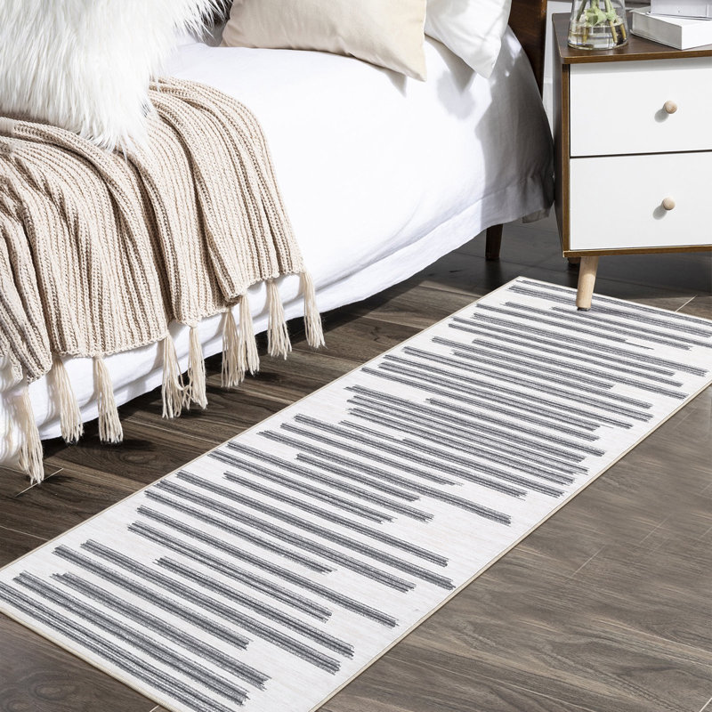 Tapis contemporain délavé à motifs abstraits et lavables avec lignes à rayures, gris, Rectangle 2 pi x 3 pi