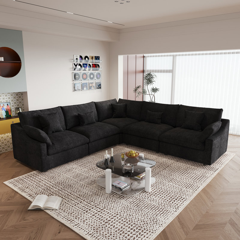 Kyna Upholstered 5-piece Linen Slipcovered L-shape Sectional (5 Seat), Black Linen Blend