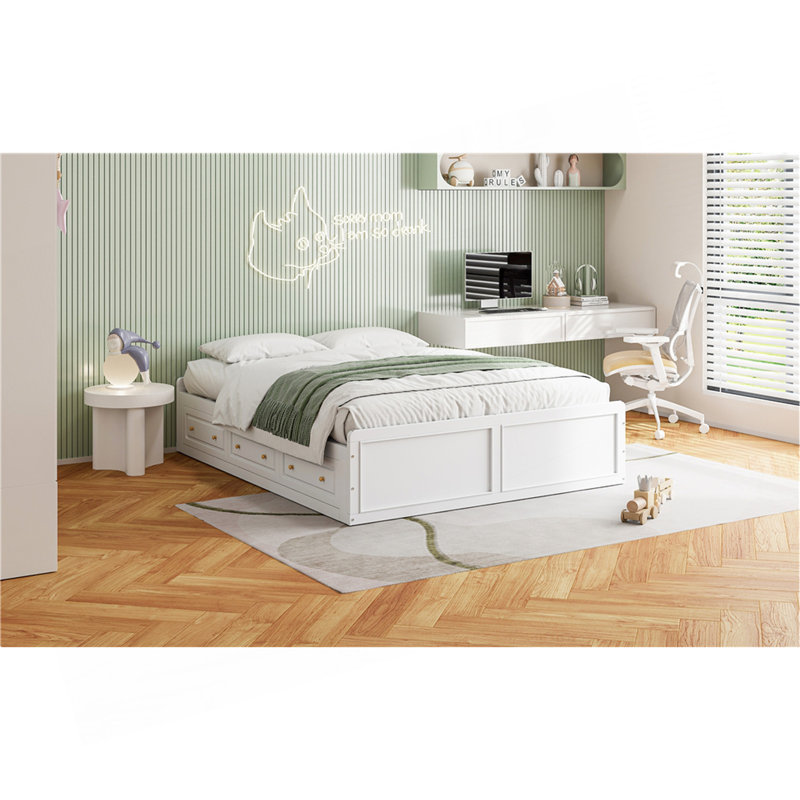 Structure de lit plateforme en bois avec 6 tiroirs, Blanc