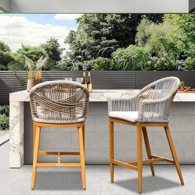 Chaises de bar modernes en corde de 2, coussin de hauteur comptoir extérieur, structure en aluminium, accoudoirs et pour le jardin, piscine, patio, cuisine, tabourets kaki Enjoyment 2 - et avec corde de coussin, pour patio