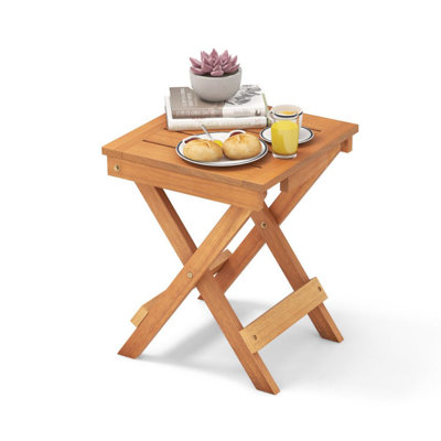 14 Inch Compact Folding Side Table With Slatted Tabletop
