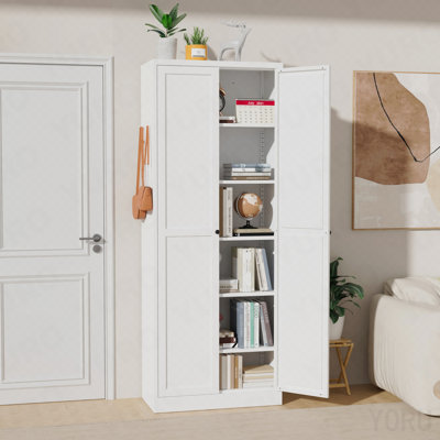 72" White Metal Kitchen Pantry Cabinet With Doors, Heavy-Duty Freestanding Storage Organizer With 5 Adjustable Shelves, Tool-Free Assembly For Pantry, Kitchen, Bathroom