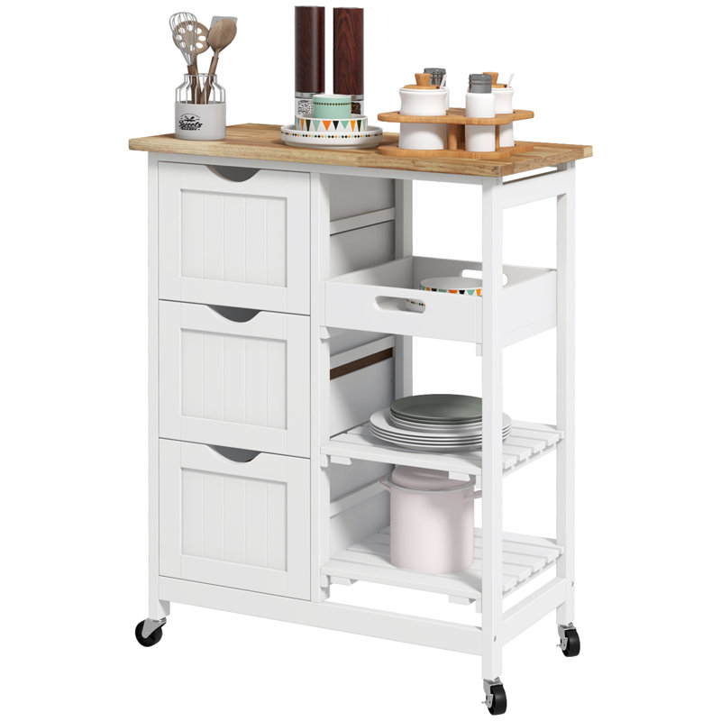Nashley Rolling Kitchen Cart, Bar Serving Cart, Compact Trolley On Wheels With Wood Top, Shelves & Drawers For Home Dining Area