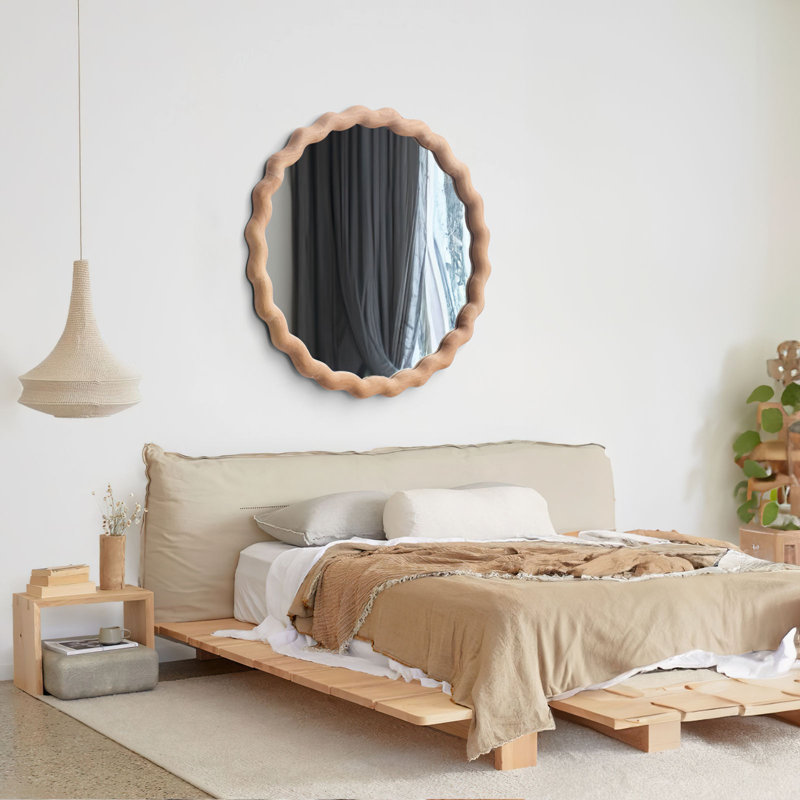 Irregular Wall Mirror,Wood Round Farmhouse Mirror Unique Vanity Mirror,24" Nature Wooden Modern Bathroom Mirror for Washroom Living Room Bedroom