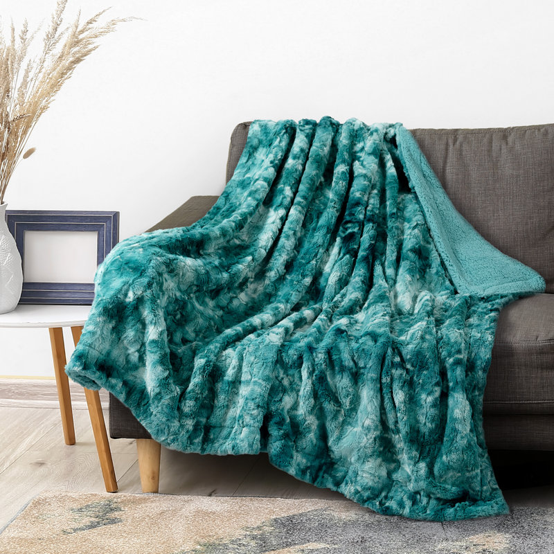 Teal Tie-Dye Faux Fur Sherpa Reversible Throw Blanket