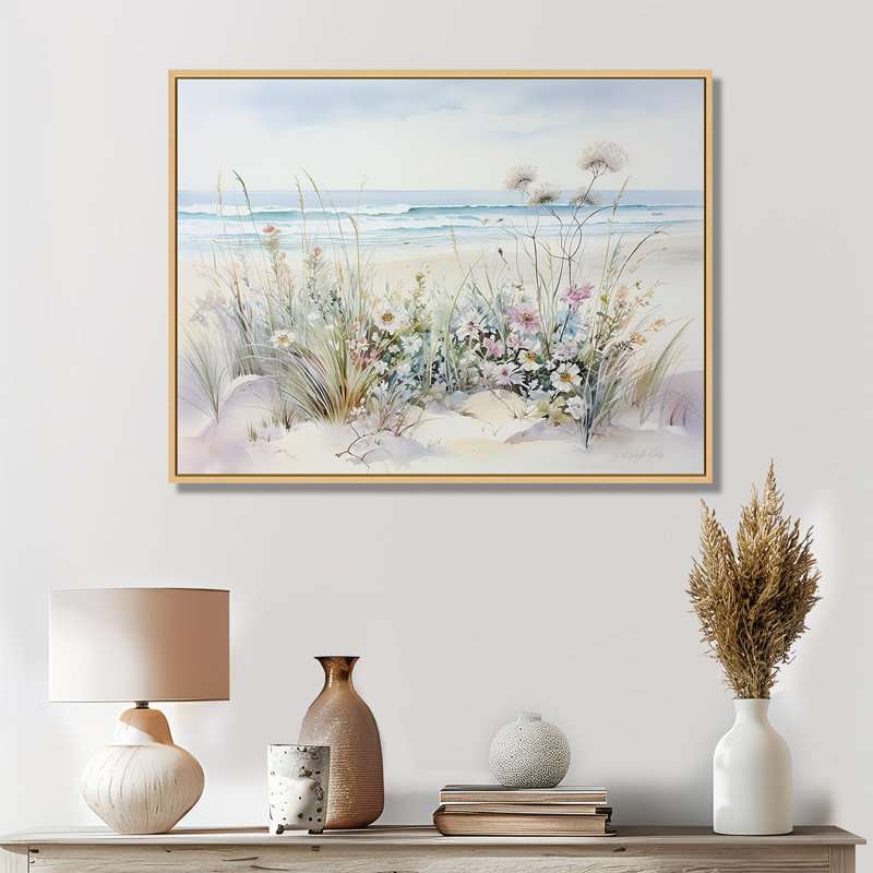 Fleurs sauvages sur la plage - Art mural fleurs sauvages, H 16 po x l 32 po, Reproduction avec cadre flottant, Naturel