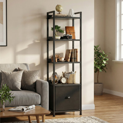 15"W 5 Tier Bookshelf with Drawer, Small Bookcase for Living Room, Bedroom, Industrial Bookshelf Wood and Metal Storage Rack