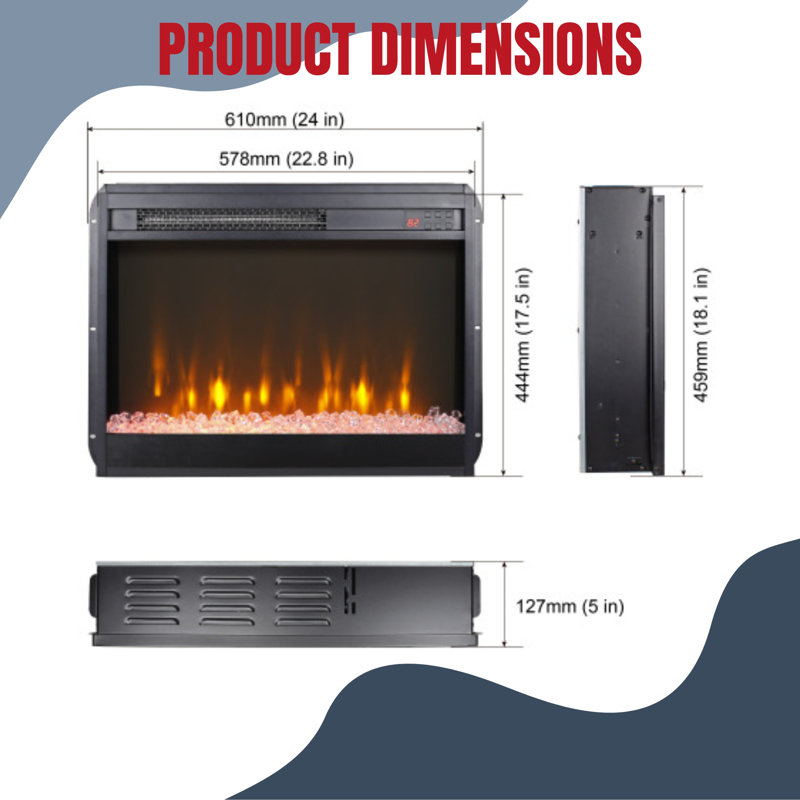 23" Ultra Thin Electric Fireplace Heater Insert With Sidelight – Remote Control, Timer, Overheating Protection, Crystal & Realistic Flame
