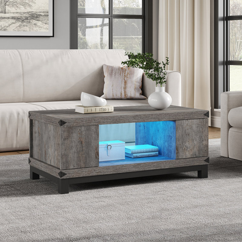 Table basse Mid-Century avec lumières DEL et 2 tiroirs, centre Talbe avec pieds en métal, 42 po, gris