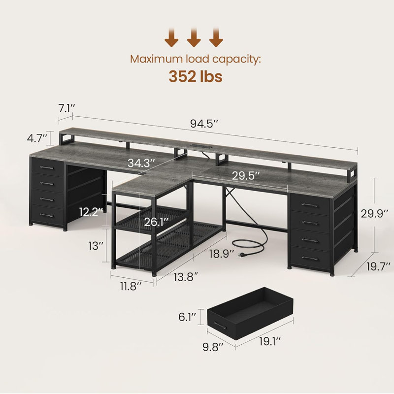 Bureau de jeu 94,5 po pour 2 personnes, bureau d'ordinateur long avec 8 tiroirs et lumières DEL, Gris