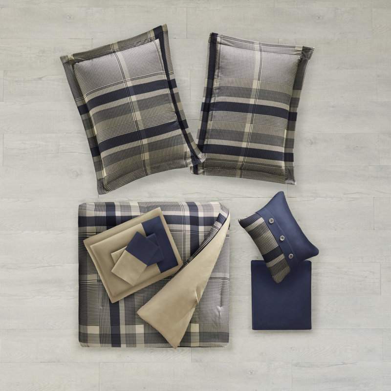 Navy and Taupe Plaid Twin Microfiber Bed in a Bag Set