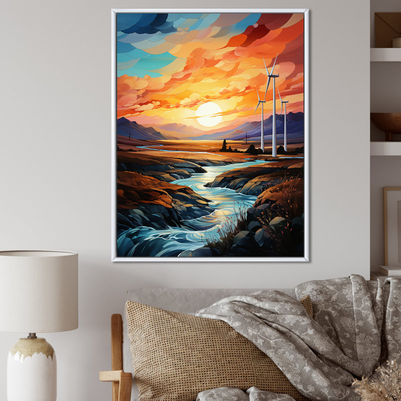 Wind Turbines Sunrise Valley I sur toile, Cadre flottant blanc, H 40 po x l 30 po x P 1,5 po