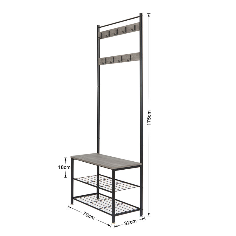 Allenton Hall Tree 70cm Wide with Bench and Shoe Storage, Gray/Black