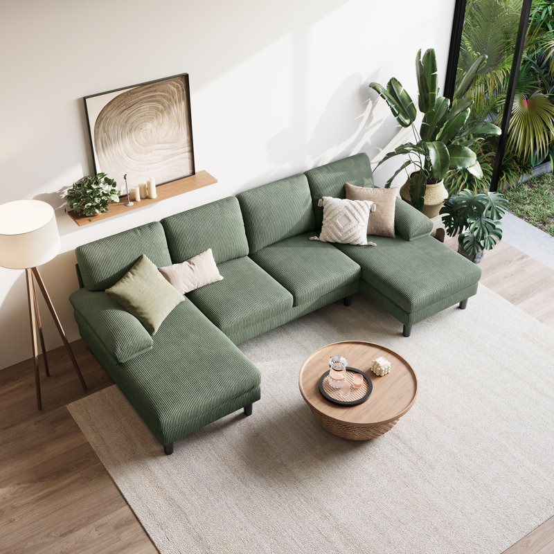 Torrence 105'' Upholstered U-Shaped Sectional Sofa with Double Chaise , Elio Green Corduroy