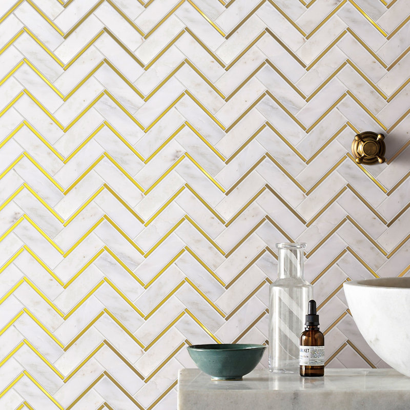 Natural Bianco 1" x 3" Marble Chevron Mosaic Wall Tile, White/Gold