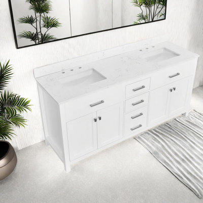 Meuble-lavabo moderne en bois massif blanc avec lavabos doubles pour salles de bain spacieuses