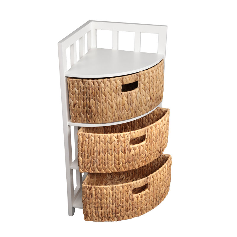Armoire de rangement de coin en bois d'acacia à 3 niveaux de 34 po avec 3 jacinthes d'eau Quart, blanc, White