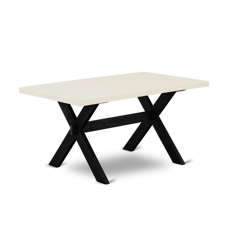 7 Piece Kitchen Table Set Consist of a Rectangle Dining Table with X-Legs and 6 Black Color Linen Fabric Parson Dining Chairs, Wire Brushed Black Finish