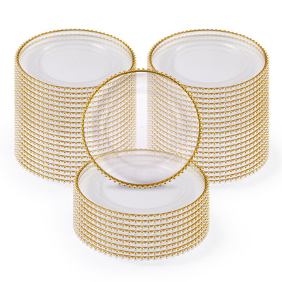 Paquet de 50 assiettes de présentation perlées en plastique transparent de 13 pouces avec bordure dorée, sous-assiettes rondes à bord perlé, service de table élégant pour le mariage, le banquet, les fêtes et la table de salle à manger