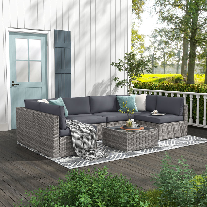 Algarin Wicker 6 - Person Modular Patio Conversation Set with Cushions, Dark Gray Cushion/Gray Frame