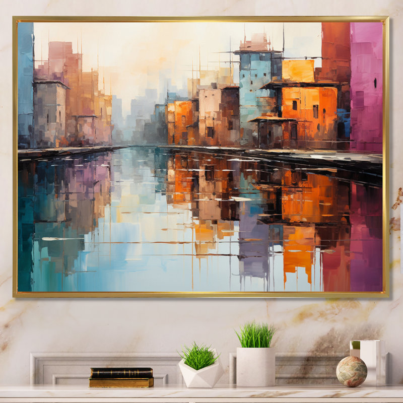 Orange Canal Abstract Reflections Bold, impression sur toile encadrée, Cadre flottant doré, H 12 po x l 20 po x P 1 po
