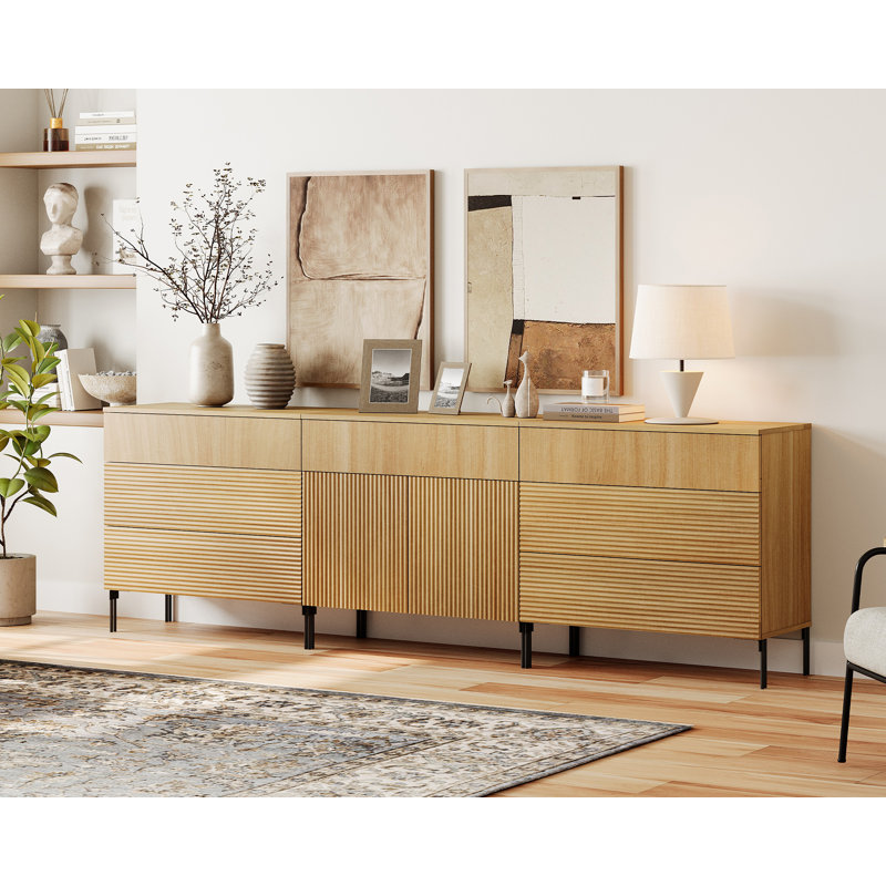 94.5" Reeded Accent Chest Set With Doors And Drawers, Modern Credenza Storage Cabinet With Metal Legs For Living Room, Kitchen, Dining Room, Hallway