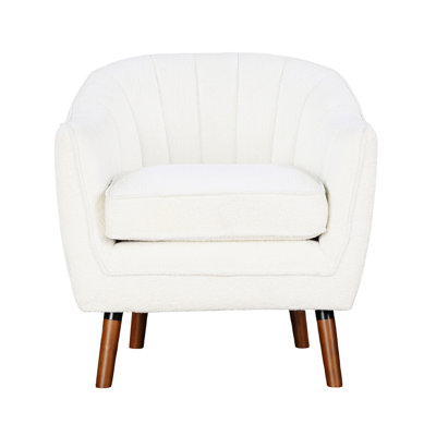 Upholstered Mid-century Modern Accent Chair, White Chenille Fabric, Solid Wood Legs In Brown, 100% Fabric Content Textured Design, Frame And Brown Legs, Removable Seat Cover