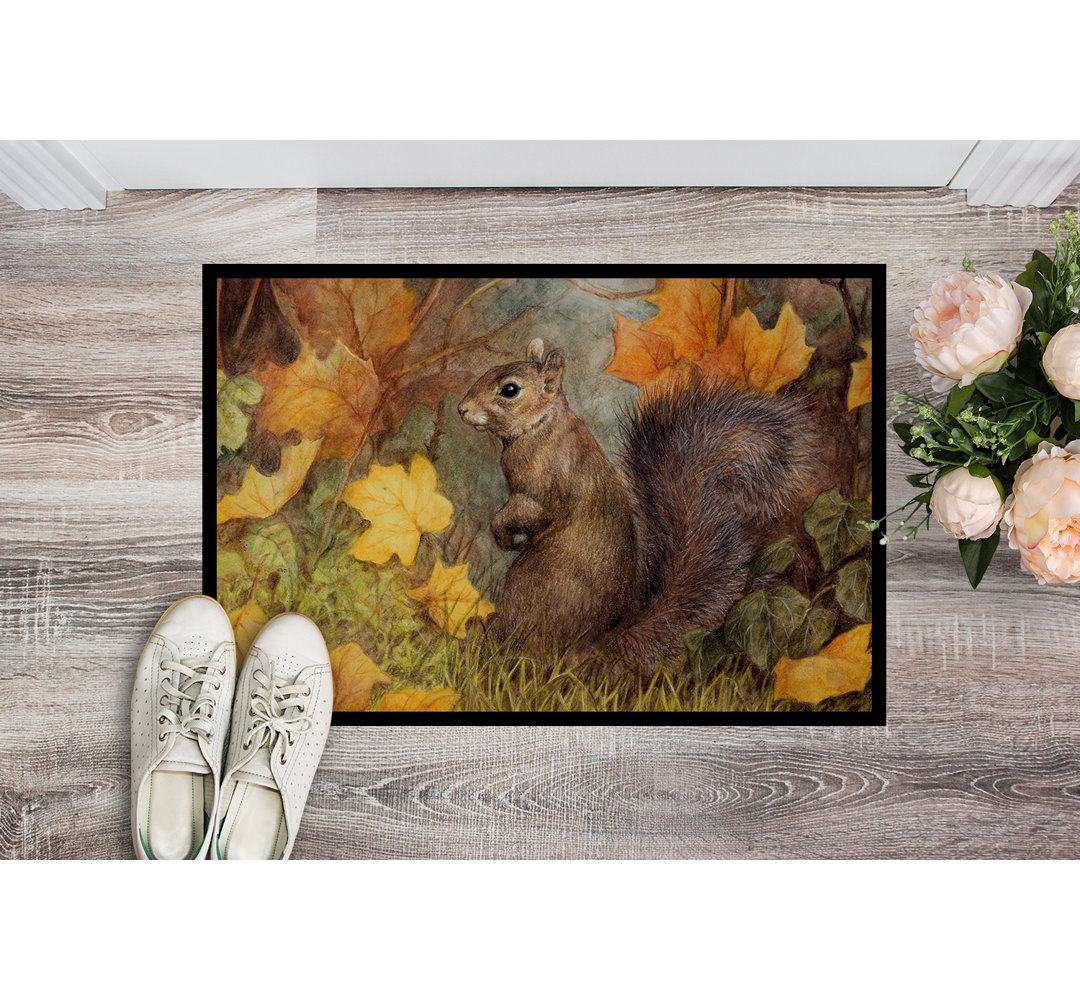 Volente Grey Squirrel in Fall Leaves Non-Slip Outdoor Door Mat Winston Porter Mat 