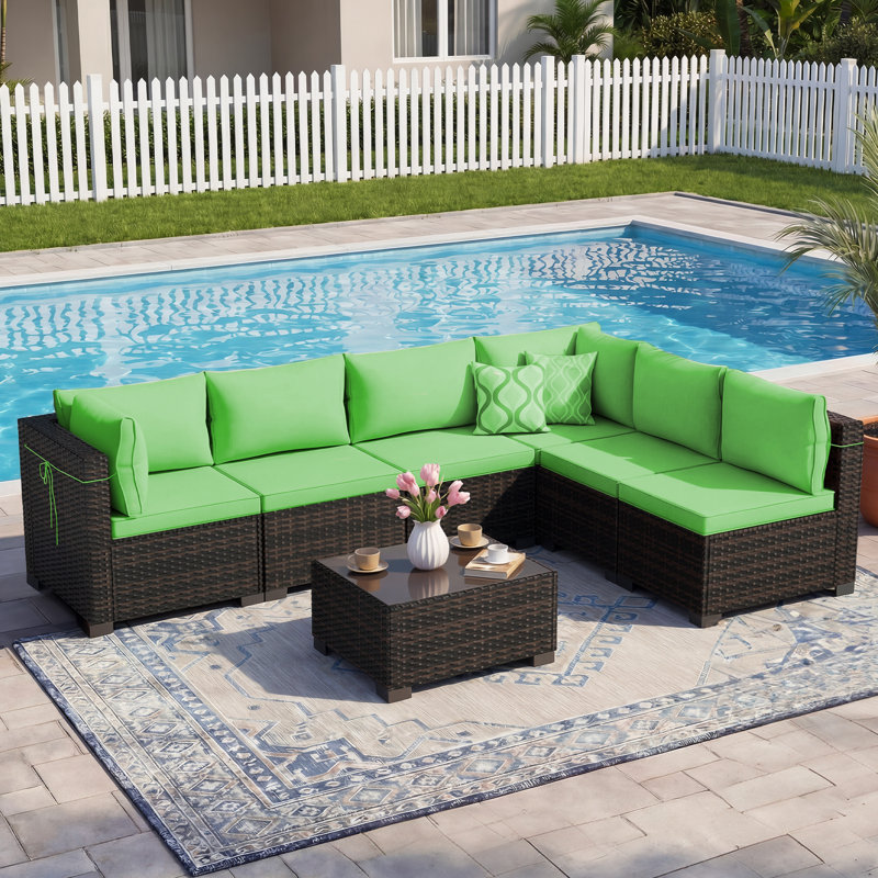 7-Piece Patio Conversation Sets, Outdoor Rattan Wicker Sectional Sofa with Tea Table & Cushions, Green