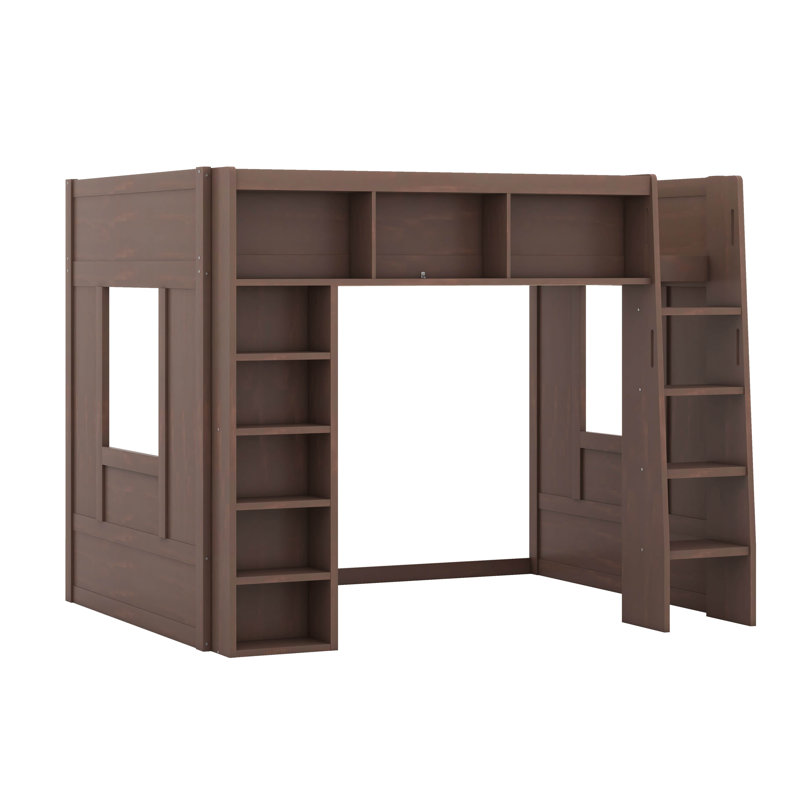Grand lit mezzanine en bois avec armoires et tablettes, conception moderne peu encombrante, Marron