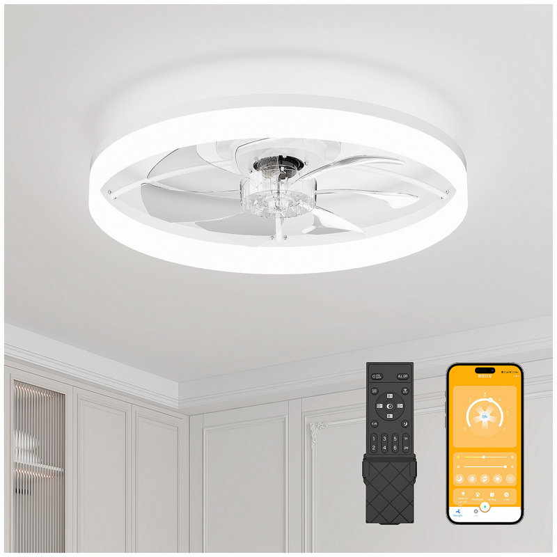 Ventilateur de plafond ultra-mince BLANC avec télécommande et contrôle d'application - Lampe de ventilateur encastrée moderne de 23,6 po, 6 vitesses de ventilateur, luminosité réglable, température de couleur de 3000 K à 6500 K pour le salon de la chambre à coucher