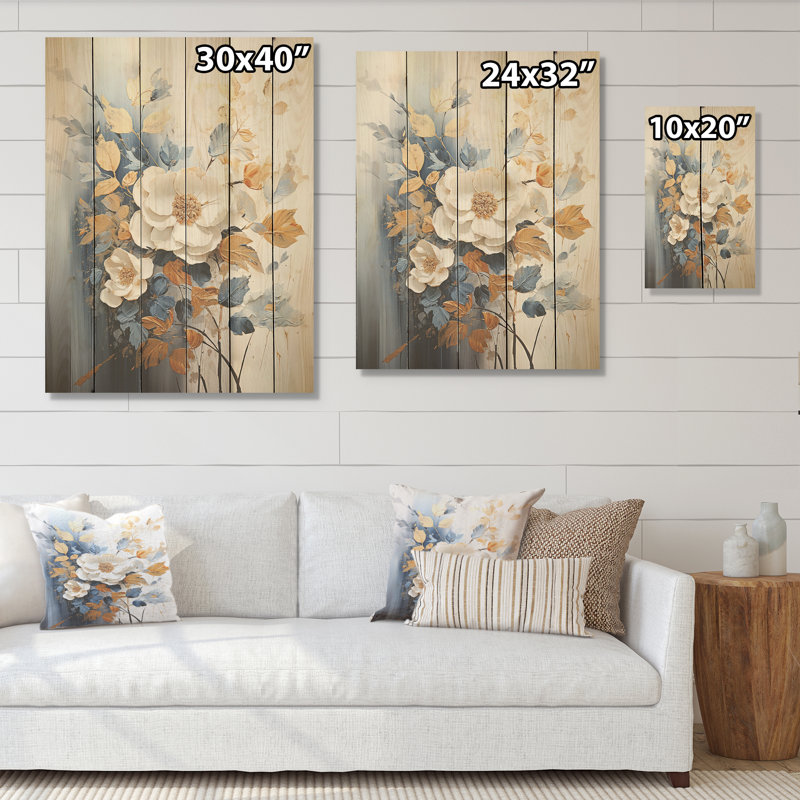 Rêve de fleurs dorées et blanches dorées - art saisonnier sur bois de pin naturel, H 32 po x l 24 po