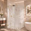 Cabine de douche d'angle à charnières murales sans cadre Nirvana, 89 cm L x 89 cm P x 203 cm H, verre clair facile à nettoyer de 10 mm d'épaisseur, finition or brossé-135874914-136404245