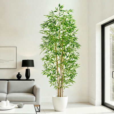 7FT  Artificial Bamboo Tree, Tall Faux Bamboo Floor Plant with Black Cement Pot, Realistic Fake Greenery for Privacy Screen, Indoor Living Room Bedroom Office Entryway & Patio Home Decor