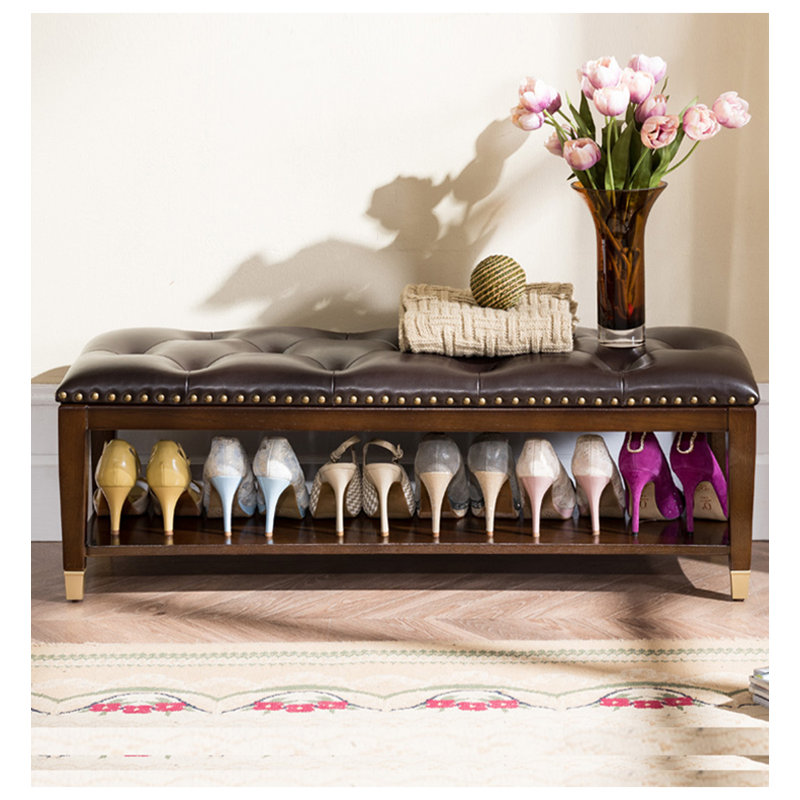 Solid Wood Shoe Storage Bench with Leather Upholstery, 12.99" H x 47.24" W x 13.78" D, Brown