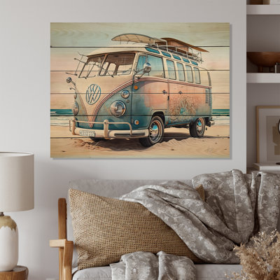 70S Surfing Van At The Beach II - Unframed Print on Wood