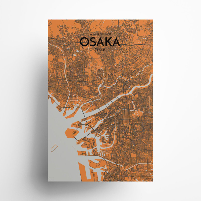 Osaka City Map In Orange - No Frame Print, 17cm H x 11cm W x 0.05cm D