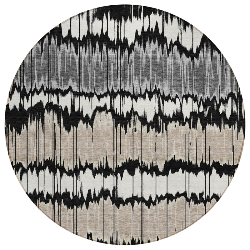 8' Black Silver And Grey Round Striped Washable Indoor Outdoor Area Rug