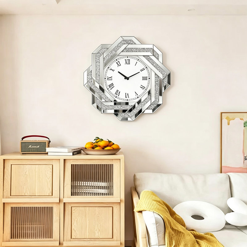 Horloge murale 20 "à miroir en argent, horloge murale à 8 pointes diamant écrasé avec chiffres romains, horloge décorative en verre biseauté