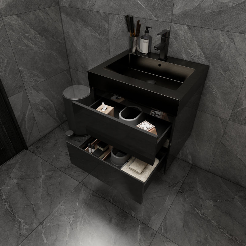 Golitz 23.5'' Single Bathroom Vanity with Stainless Steel Top, Glossy Black