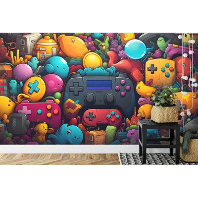 Colorful Cartoon Monster Creatures Gaming Collage Wallpaper for Home Decor