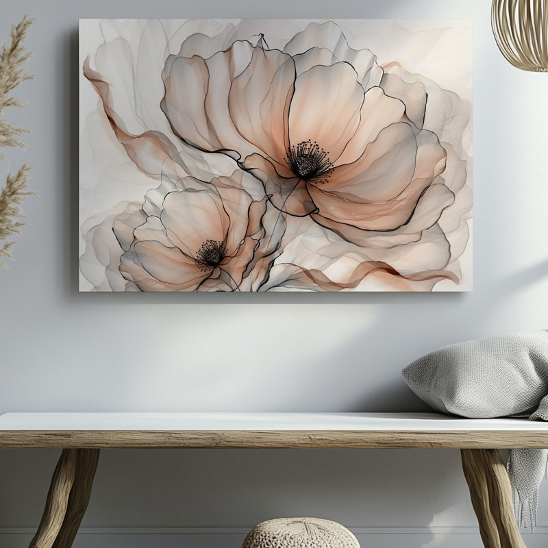 Toile dans une composition sereine et onirique, deux grandes fleurs translucides, art mural Bloom avec pétales fluides en pêche douce et beige