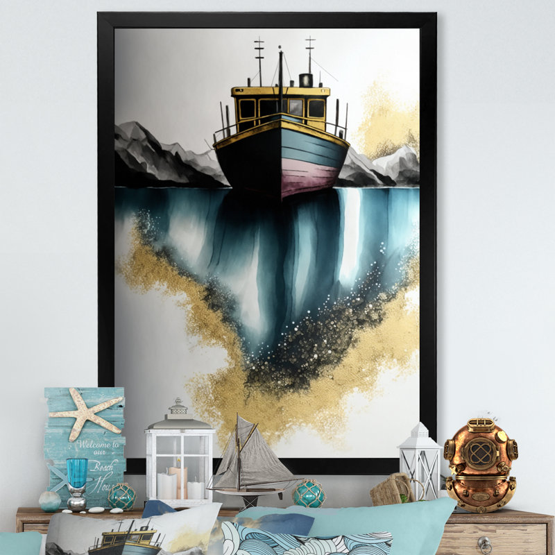 " Green Modern Fishing Boat ", Black Picture Framed, 44" H x 34" W x 1.5" D