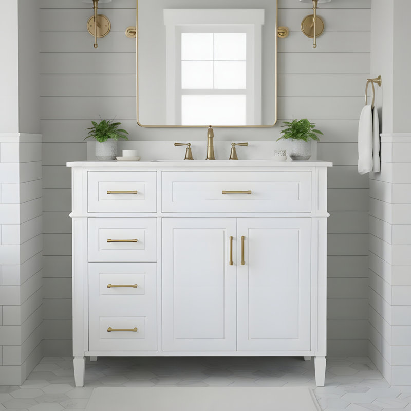 Élégant meuble-lavabo de 36 pouces avec lavabo en céramique, Blanc