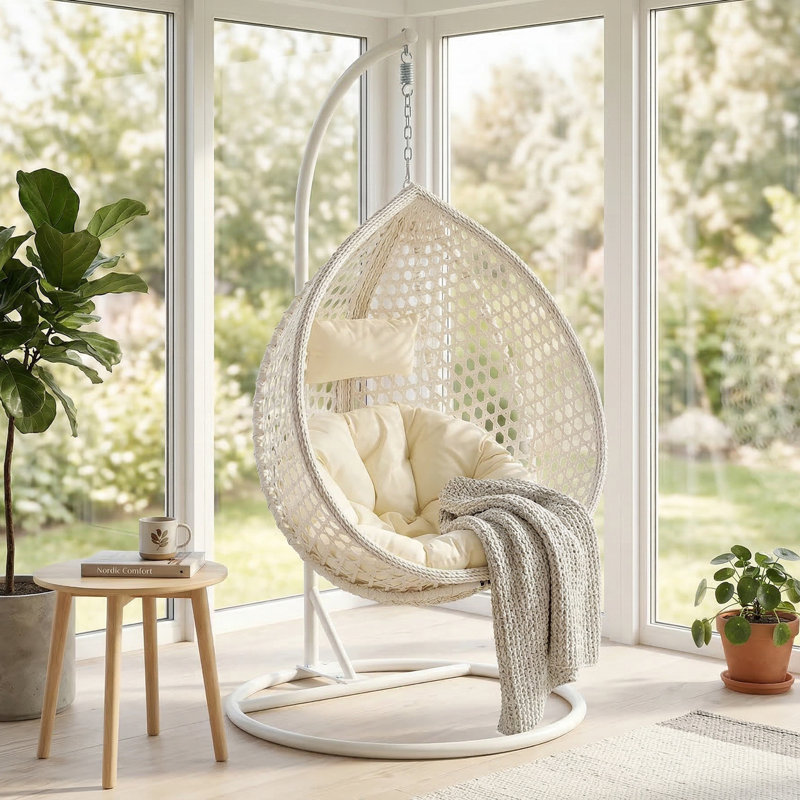 Fauteuil à œufs en osier avec support en C et support en C Chaviano Modern, Blanc
